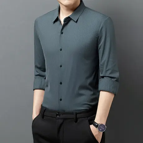 条纹长袖衬衫男士休闲高档无痕免烫商务职业长袖衬衣春秋季男装潮商品大图