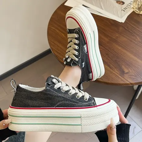 帆布鞋女2023年新款夏季复古厚底松糕休闲低帮ins潮百搭透气板鞋商品大图