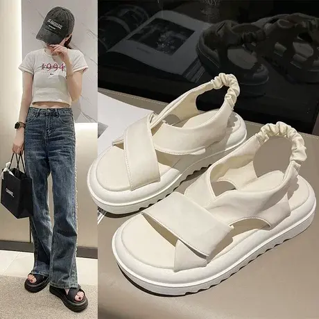 中空罗马凉鞋女士2023年新款夏季百搭厚底休闲凉鞋松紧带时装鞋商品大图