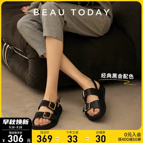 BeauToday新款厚底凉鞋女夏罗马凉鞋女鞋软底真皮平底凉拖小众图片