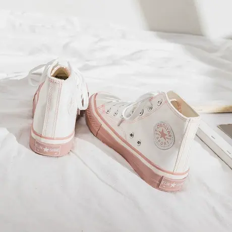 高帮帆布鞋女复古港味夏季透气小白鞋女2020春款小脏橘爱心板鞋女商品大图