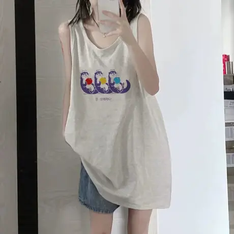 美式复古纯棉吊带运动坎肩背心无袖t恤女夏季外穿宽松篮球服上衣商品大图