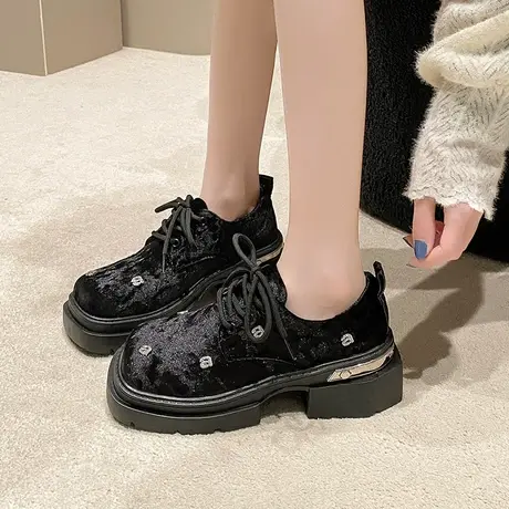 复古乐福鞋女2024春秋新款方头粗跟高跟单鞋配裙子厚底防滑休闲鞋商品大图