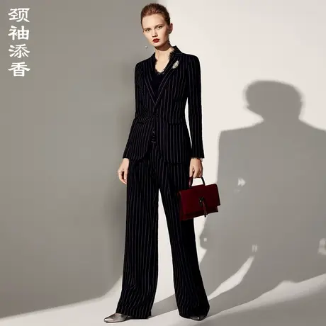 颈袖添香2023装新款时尚气质职业装正装条纹小西装套装女休闲图片