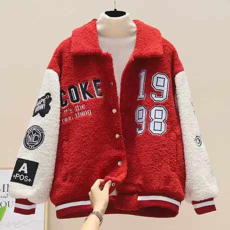 羊羔毛外套女秋冬季新款韩版宽松百搭短款小个子ins潮加厚棒球服商品大图
