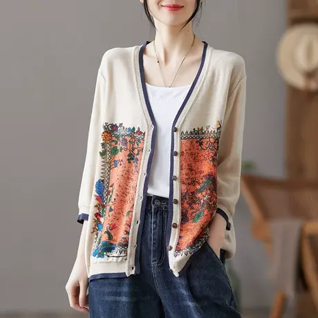 dza 复古短款休闲毛衣外套女士2022春装上衣V领宽松显瘦针织开衫商品大图