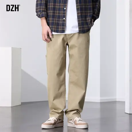 男士卡其色休闲裤男2023秋季新款宽松弹力直筒裤半松紧腰长裤子男商品大图