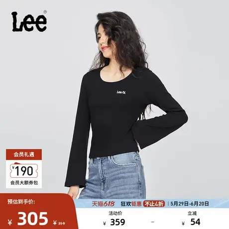 Lee25早秋新品修身版圆领绣花Logo设计黑色女罗纹长袖T恤休闲潮图片
