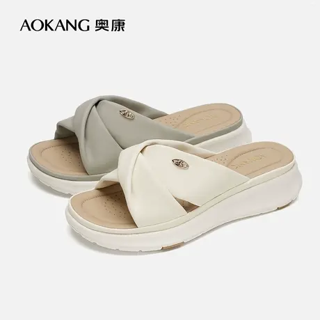 【门店发货】奥康女鞋 新款露趾舒适软底凉拖厚底拖鞋图片