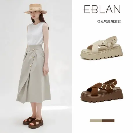 EBLAN/伊伴交叉带厚底凉鞋女款2025夏季新款魔术贴沙滩休闲罗马鞋图片