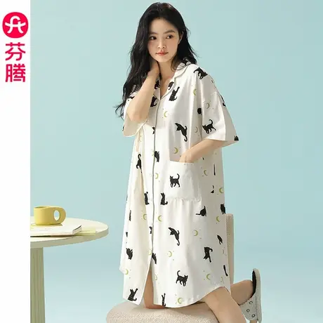 芬腾女士睡裙夏季纯棉短袖睡衣裙薄款中裙女款夏天休闲大码家居服图片