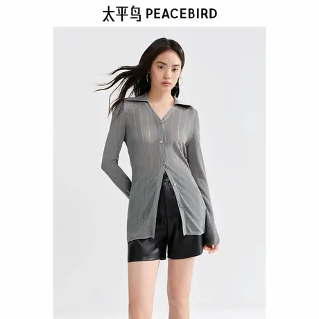 太平鸟灰色衬衫式针织线开衫女秋装新款V领气质显瘦针织上衣商品大图