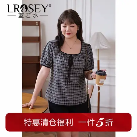 蓝若水大码女装简约格纹方领上衣胖mm夏季新品淑女显瘦宽松衬衫图片