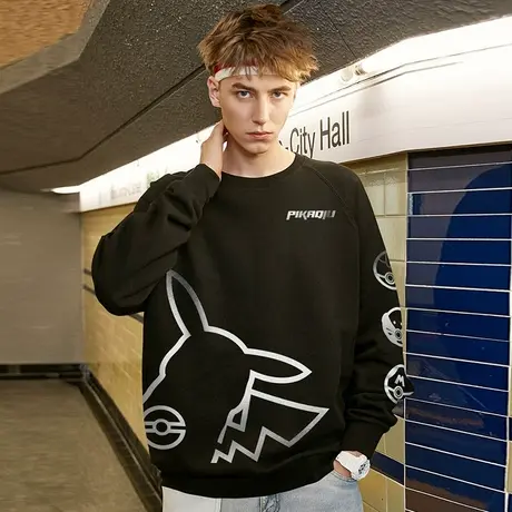 设计感炸街卫衣男士无帽秋冬加绒加厚潮牌皮卡丘长袖男装情侣上衣商品大图