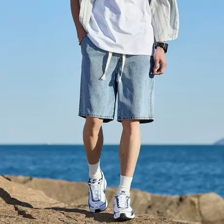 唐狮25年春夏季新款男牛仔中裤抽绳阔腿潮流松紧腰百搭五分裤商品大图