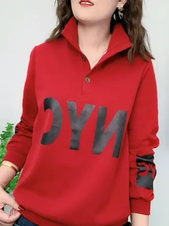 纽扣立领大字母印花卫衣秋冬季新款女装宽松韩版洋气百搭套头上衣商品大图