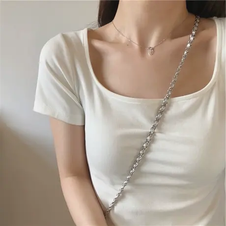 大码夏季纯棉短袖辣妹风纯欲设计感正肩女t恤修身显瘦ins方领上衣商品大图
