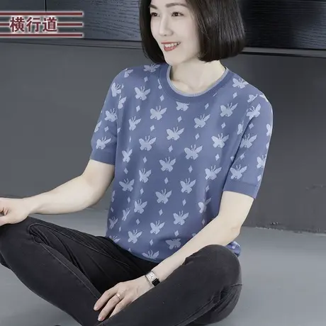 2023新款夏装圆领蝴蝶提花针织短袖女装妈妈大码休闲简约宽松上衣商品大图