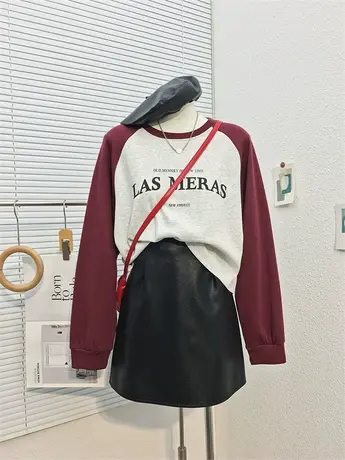 秋装2023新品字母印花美式复古插肩袖短款春秋卫衣时尚休闲上衣女商品大图