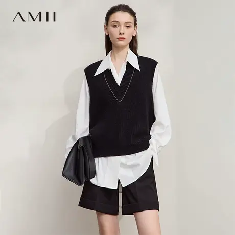 Amii2025秋新款休闲V领珠链装饰针织马夹女叠搭宽松格雷系上衣图片