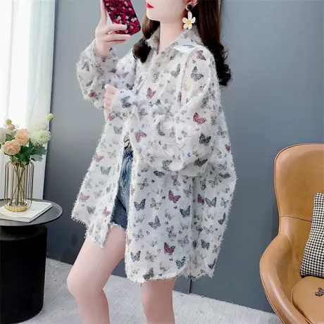 设计感蝴蝶印花毛边流苏衬衫女春季2025新款宽松休闲洋气外套上衣图片