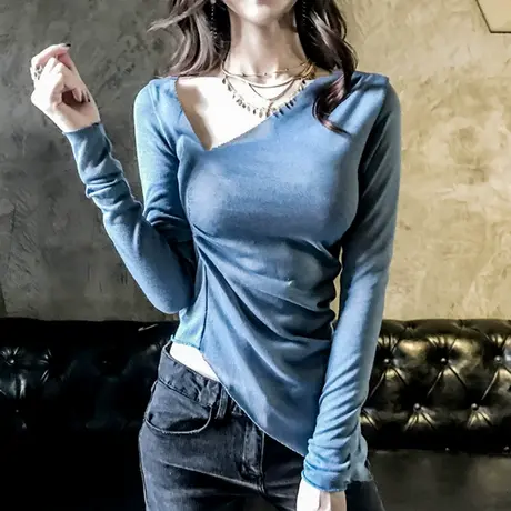 网红上衣打底衫女2019秋冬新款韩版斜V领性感修身不规则长袖T恤商品大图