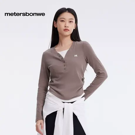 【会员专享】美特斯邦威T恤女士2025秋季新款V领假磨毛亲肤长袖商品大图