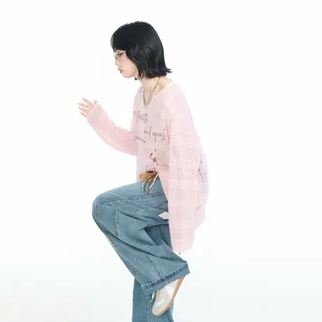 粉色镂空V领长袖T恤女春夏季2025新款美式复古字母印花宽松罩衫潮商品大图