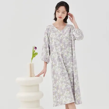 顶瓜瓜睡裙女款纯棉春夏季七分袖印花中长款家居服睡衣商品大图