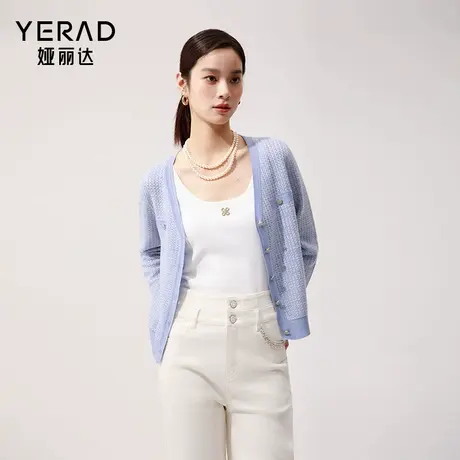 娅丽达商场同款假口袋小香风v领开衫女2025春秋短款上衣毛衣外套商品大图