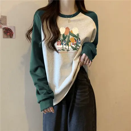 撞色插肩袖卫衣女春秋2023年新款宽松韩版百搭显瘦长袖拼接上衣服商品大图