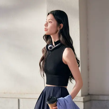 森马背心女高腰修身内搭纯色半开襟高领无袖上衣春季打底衫中长XY商品大图