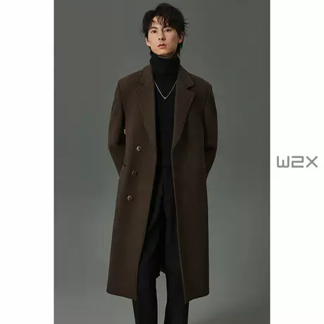 w2x秋冬季加厚平驳领垫肩一字袋装饰长款羊毛呢大衣男中长款外套图片
