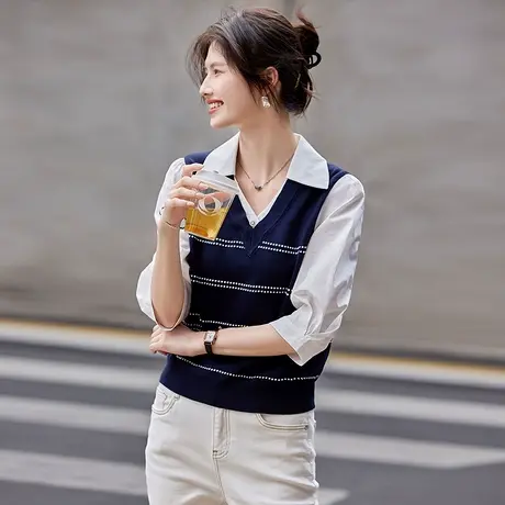时尚针织衫2025年春季新款女拼接V领假两件针织短款减龄中袖上衣商品大图