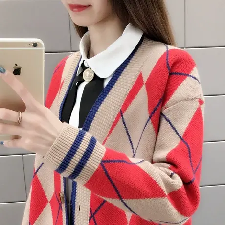 V领春装新款女装开衫加厚韩版单排扣毛衣拼色提花毛针织衫外套女商品大图