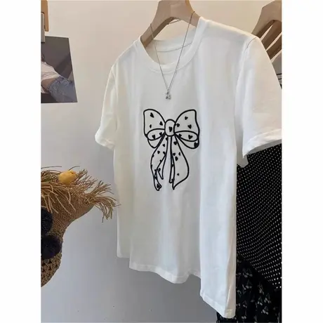 韩系ins超火纯棉半袖T恤女夏装宽松百搭韩版蝴蝶结刺绣短袖上衣服商品大图