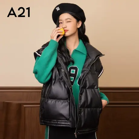 A21女装宽松立领开胸厚羽绒背心外套无袖面包服保暖上衣羽绒服图片