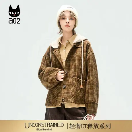 a02【ET释放系列】美拉德格子毛呢大衣女2025新款秋季连帽外套商品大图