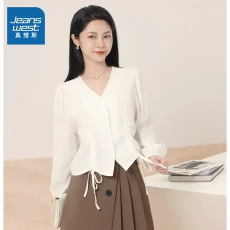 LE真维斯女装2025秋季新款 小众百搭镂空抽绳设计重新衬衫女商品大图