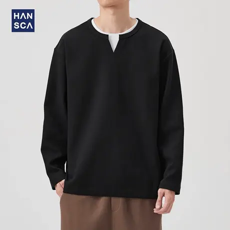 hansca假两件撞色拼接小V领套头卫衣男士2025秋季新款380重磅上衣商品大图