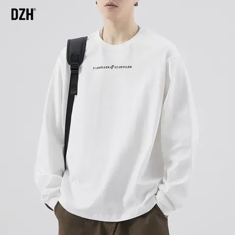 男士白色长袖t恤男秋季纯棉2025年新款宽松圆领上衣体恤衣服男款商品大图