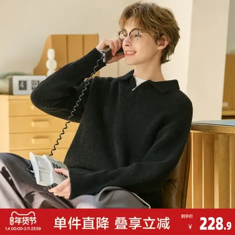 唐狮2026春季新款男半开胸毛线衫黑色翻领半开襟老钱风毛衣男士图片