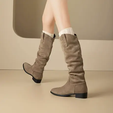 exull/依思Q2025秋季绒面堆堆靴长筒靴女瘦瘦靴尖头v口高筒骑士靴图片