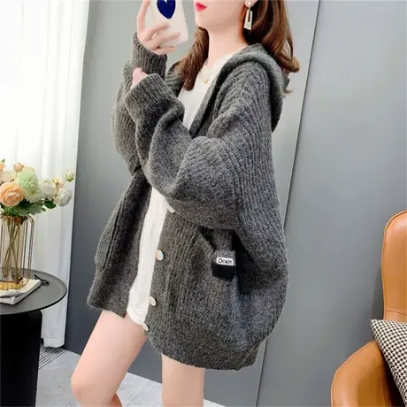 温柔风连帽毛衣开衫女秋冬2022年新款韩版宽松学院风针织外套上衣商品大图