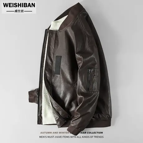 美式复古棒球领短款皮夹克男机车服宽松pu皮衣外套秋冬飞行员上衣商品大图