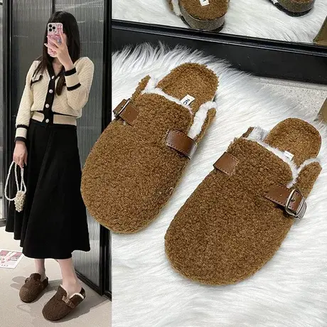 网红包头半拖鞋女外穿2023春秋新款皮带装饰松糕毛毛鞋厚底棉拖鞋商品大图