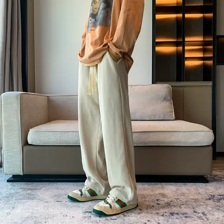 纯白色灯芯绒百搭休闲裤男秋季日系慵懒坠感裤子青少年宽松直筒裤商品大图