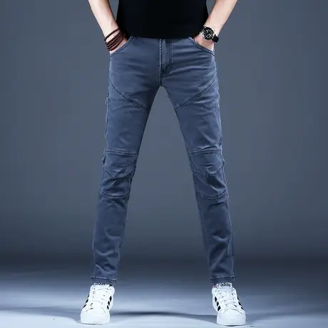 秋款深灰色拼接工装牛仔裤男款新款潮流裤子男士小脚修身休闲男裤商品大图