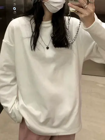 白色仿棉长袖t恤女秋冬季加绒漂亮时尚的内搭打底衫今年流行上衣商品大图