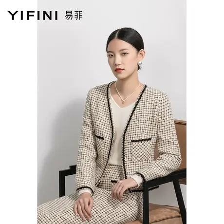 Yifini/易菲春秋新款外套女短款宽松百搭法式小香风V领上衣商品大图